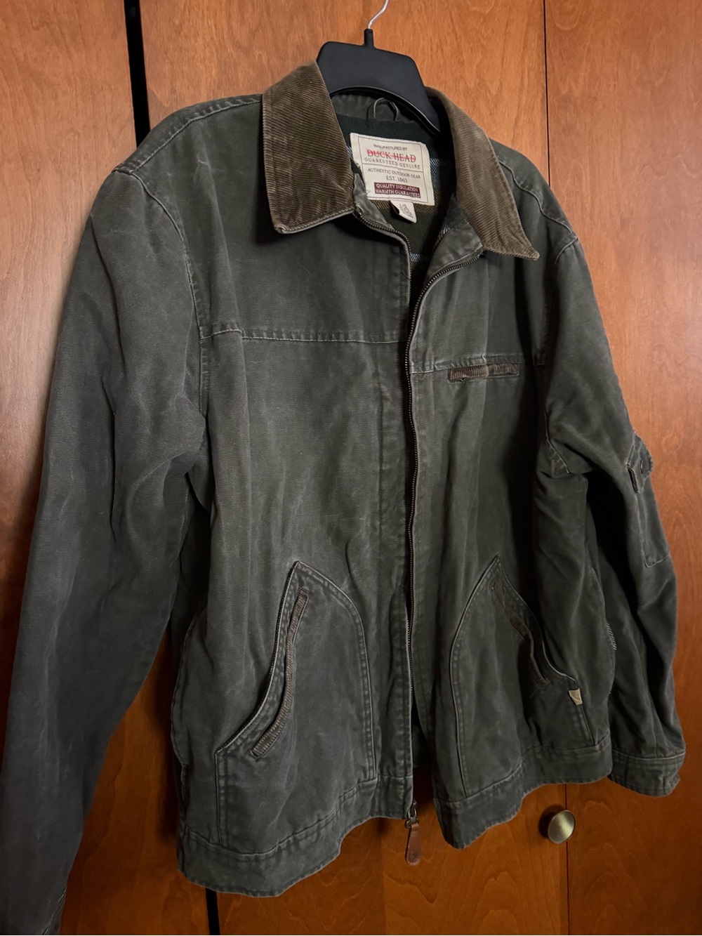Duck Head Olive Green Canvas Jacket with Brown Corduroy Collar